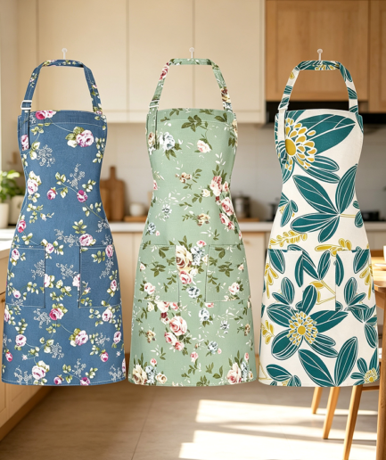 Set of Three Floral Canvas Aprons Adjustable Straps