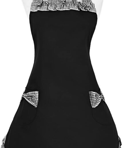 Vintage-Style Black Apron Ruffle Bow Adjustable Neck