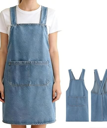 Lightweight Denim-Style Cross-Back Cotton Apron Front Pocket