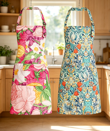 Two Floral Print Canvas Aprons with Pockets